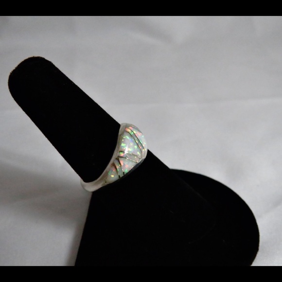 Sterling Silver Inlay White Lab Opal Dome Ring - Picture 2 of 12